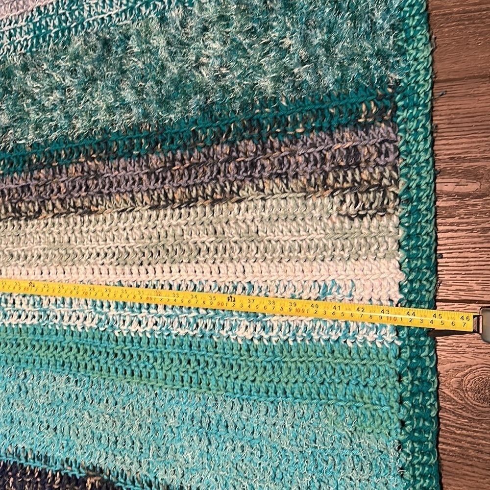 Hand made crocheted striped shades of blue heavy knit throw small blanket - Picture 2 of 7